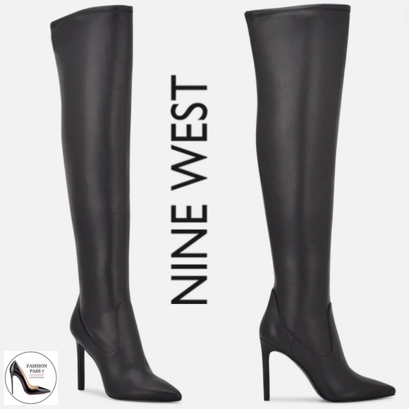 NINE WEST Black Stretch Tacy Pointed Toe Stiletto Zip-Up over the knee Boots 8.5 - Picture 1 of 15